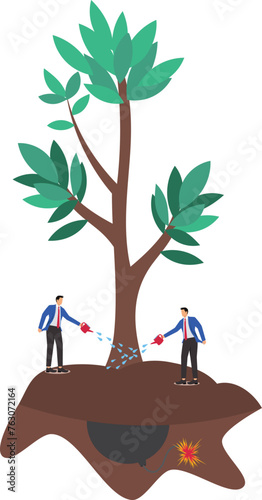 Planting seeds of danger, huge traps, dangers or hidden dangers, two businessmen slowing down the seedlings of bombs in the ground