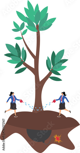Planting seeds of danger, huge traps, dangers or hidden dangers, two businesswomen slowing down the seedlings of bombs in the ground