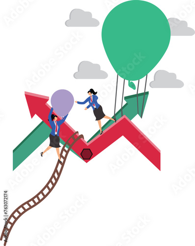 Changes and strategies to recover or improve from a loss or crisis in business operations, businesswomen tying balloons to arrows to change the direction of their growth