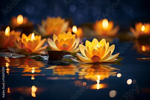 Lotus vesak lanterns floating on water with light reflection and copy space - generative ai © Nia™