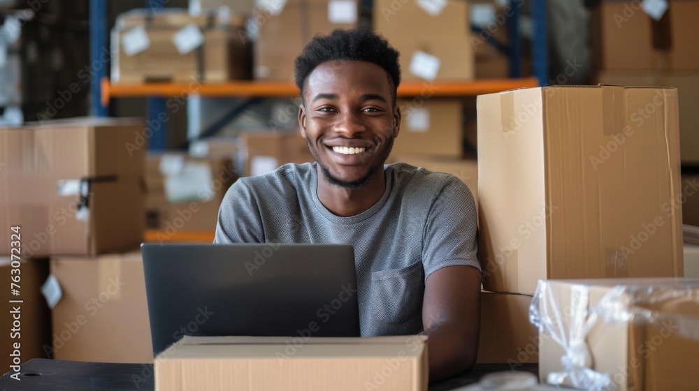 Small business owner is working on a laptop in the warehouse Small business owner is working on a laptop in the warehouse