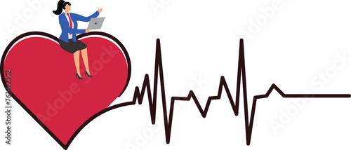 Healthy Work & Lifestyle, Business Insurance, Health Insurance, Isometric Businesswoman Sitting on the Pulse of His Heart