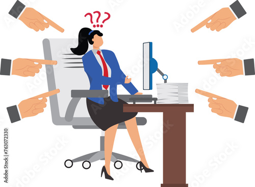 Blame, hate speech, social media cyber bullying, criticism, negativity and negative feedback, isometric huddled businesswoman being pointed at by a group of fingers