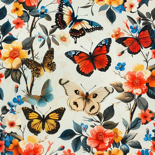 A captivating wallpaper pattern with a variety of colorful butterflies fluttering amidst flowers , tile © Sataporn