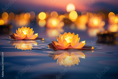Lotus vesak lanterns floating on water with light reflection and copy space - generative ai