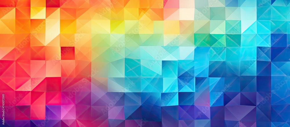 A vibrant geometric background featuring a rainbow of colors such as aqua, magenta, and electric blue. This art piece showcases colorfulness, symmetry, and patterns in visual arts - obrazy, fototapety, plakaty 