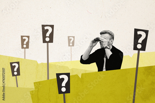 Photo collage creative illustration young man watching binoculars oversee peek question mark guess unknown oversee drawing background