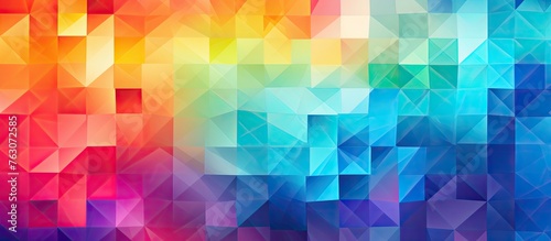 A vibrant geometric background featuring a rainbow of colors such as aqua, magenta, and electric blue. This art piece showcases colorfulness, symmetry, and patterns in visual arts