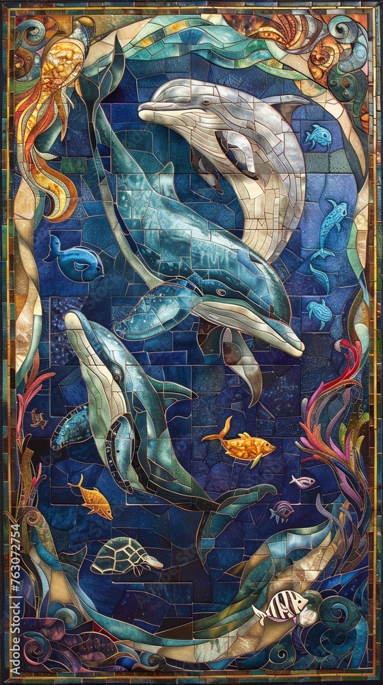 A dynamic design showcasing a variety of marine animals, including dolphins and whales , tile