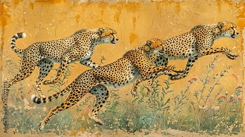 A dynamic pattern featuring cheetahs in full sprint amidst grassy plains , tile