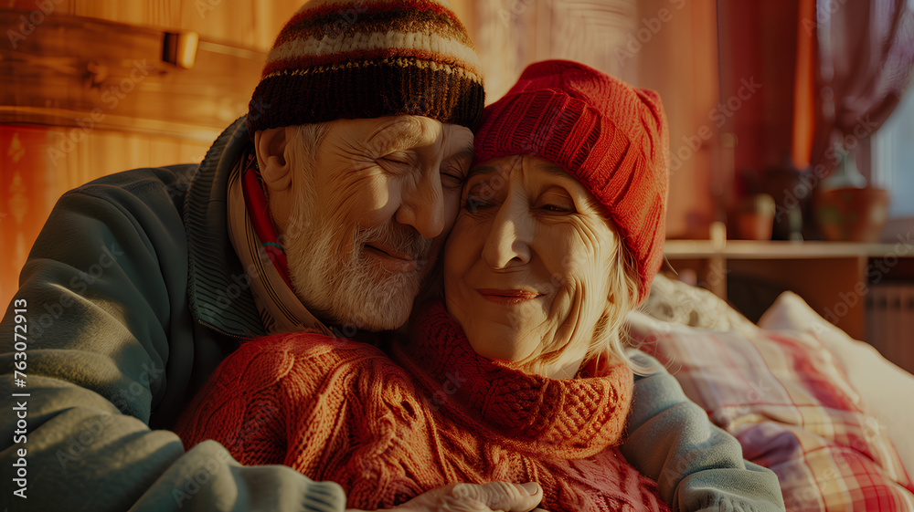 A man and woman are hugging each other in a cozy room. The man is wearing a blue jacket and the woman is wearing a red hat. They seem to be enjoying each other's company and the warmth of the room
