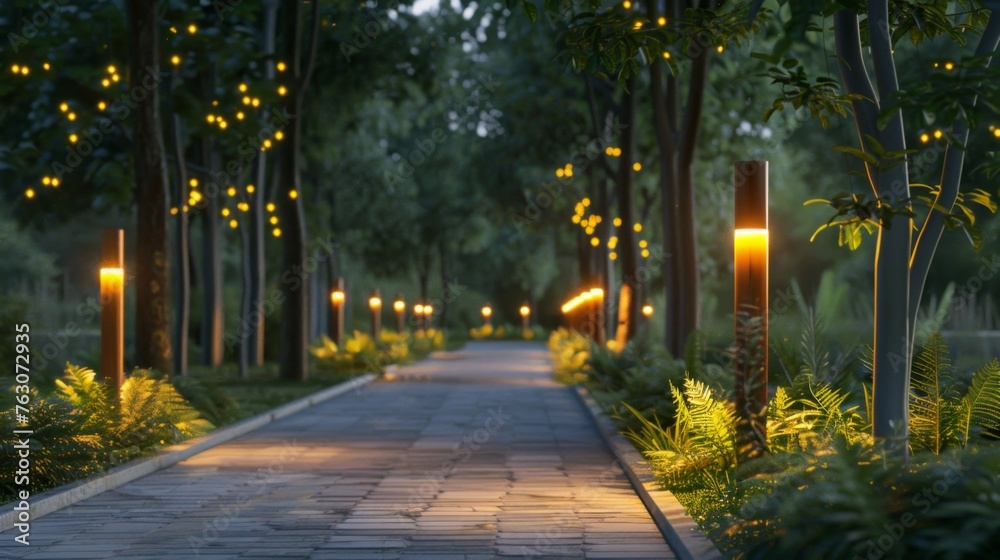 Illuminated Pathway in Evening Park, for Tranquil Outdoor Scenes