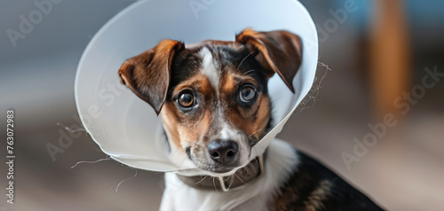 Happy Puppy in Protective postoperative collar, veterinary cone. A cheerful dog portrait with copy space, post-surgery. photo