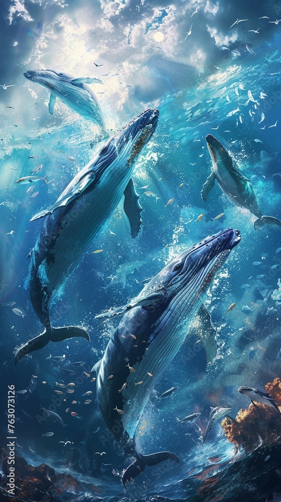 A serene design showcasing a pod of whales breaching in the ocean , tile - obrazy, fototapety, plakaty 
