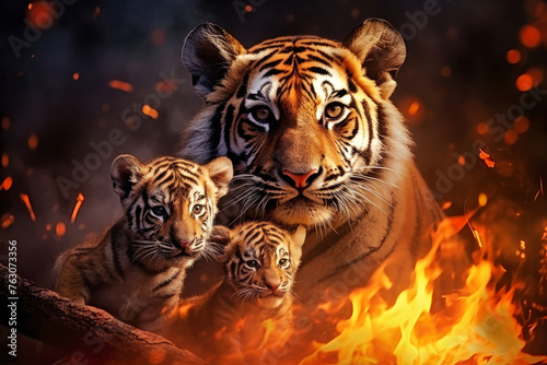 A mother tiger and her two cubs walking away from a forest fire