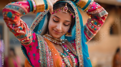 woman in sari. Bhangra Beats and Sweet Treats: Happy Vaisakhi Celebration in India dance day photo