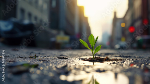 A small plant emerges from a puddle of water, showcasing natures resilience and growth in an urban environment