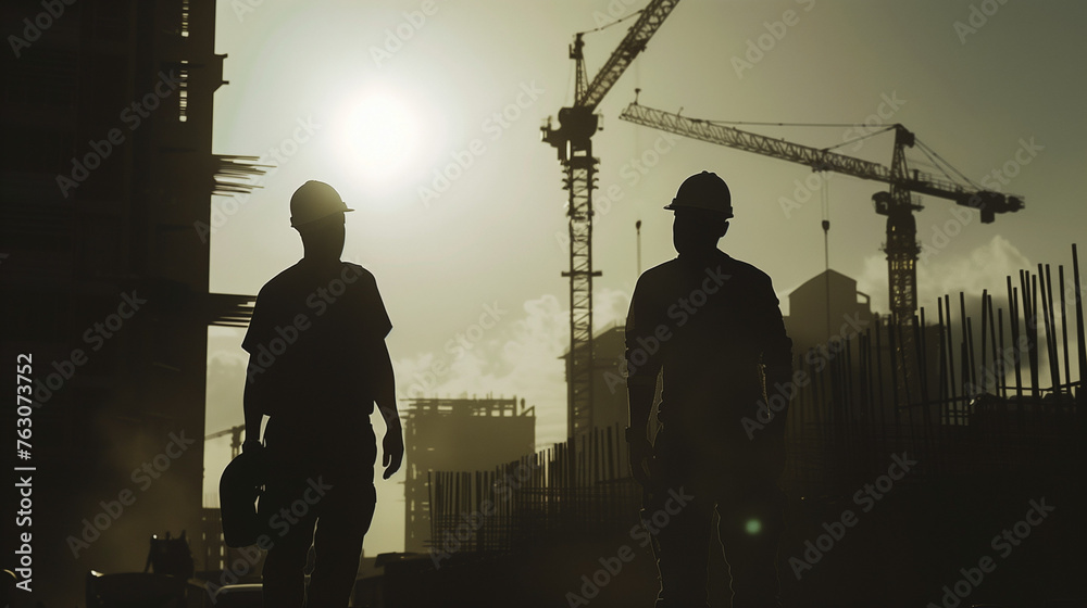 Silhouettes of two Architects supervising site progress Against the Dawn of Urban Evolution