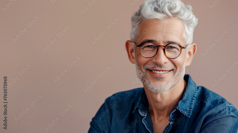 Senior European man with sophisticated charm dressed in expensive, but casual clothes on neutral beige background, copy space Senior European man with sophisticated charm dressed in expensive, but casual clothes on neutral beige background, copy space