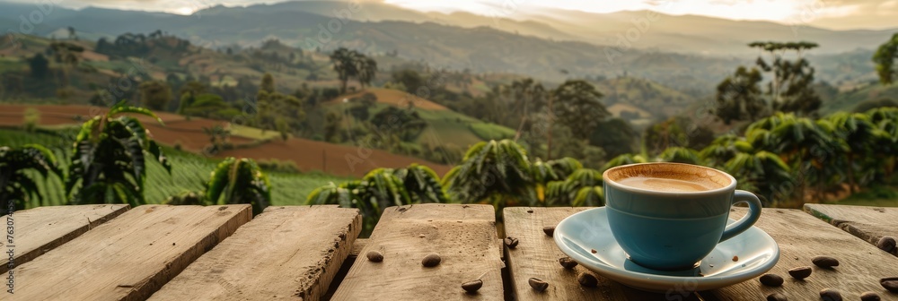 Enjoy a cup of coffee while overlooking a coffee plantation Enjoy a cup of coffee while overlooking a coffee plantation