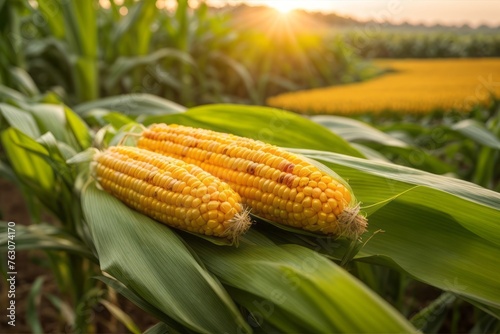 corn in corn field ready to harvest with sunrise background. agriculture, farming and harvesting concept