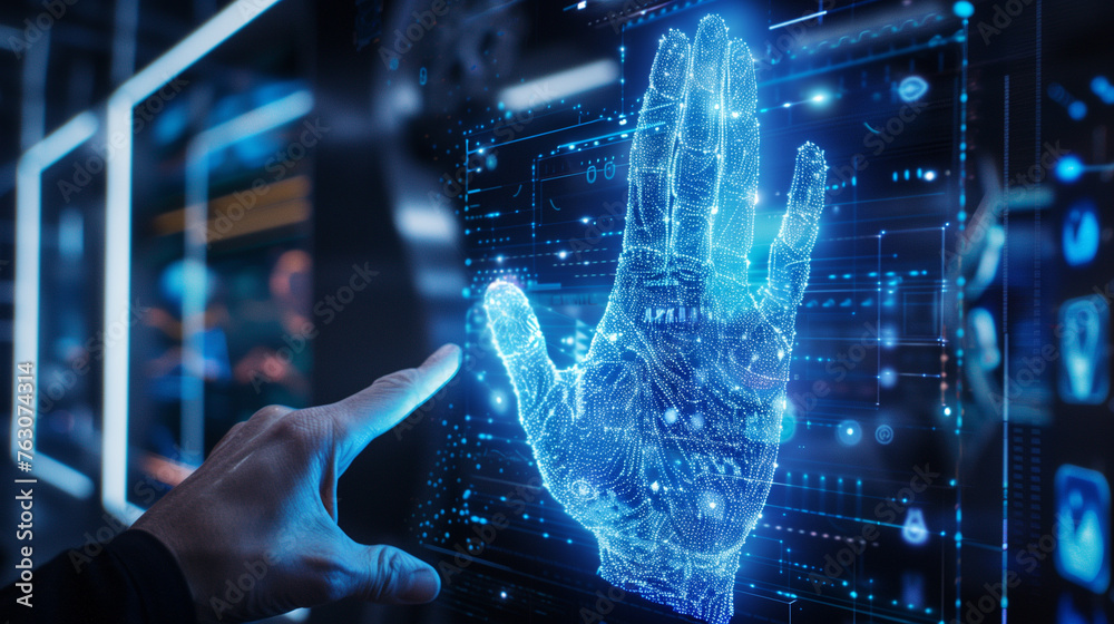 Fototapeta premium fingerprint scanning biometric verification, modern digital cyber security technology concept, data network protection with biometric authentication 