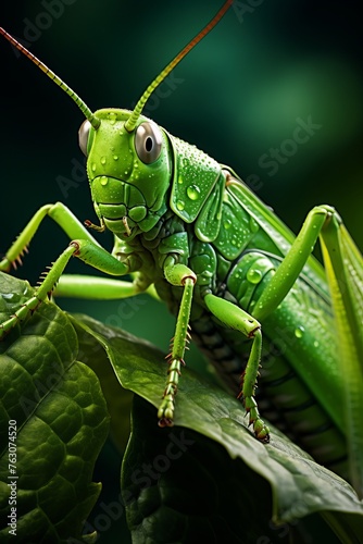 A detailed view of a vibrant green grasshopper perched gracefully on a leaf. The grasshoppers features and surrounding foliage are in sharp focus, showcasing its intricate design © Vit