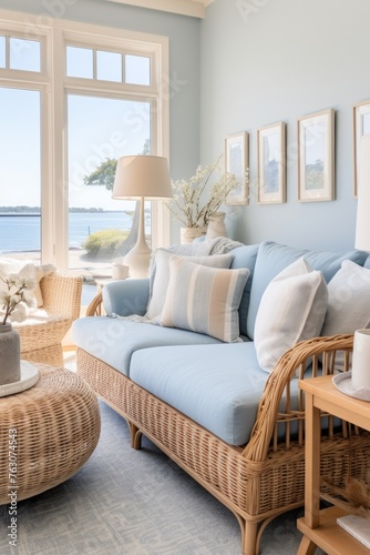 A coastal-themed living room with nautical decor, rattan furniture, and ocean-inspired hues