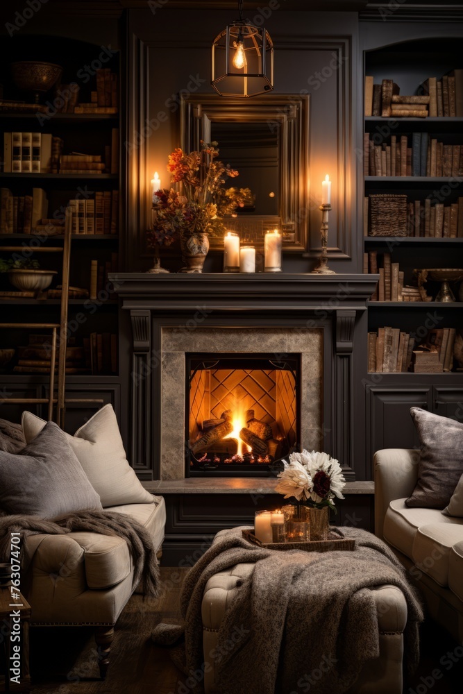 A cozy corner fireplace surrounded by built-in bookshelves, plush seating, and warm lighting