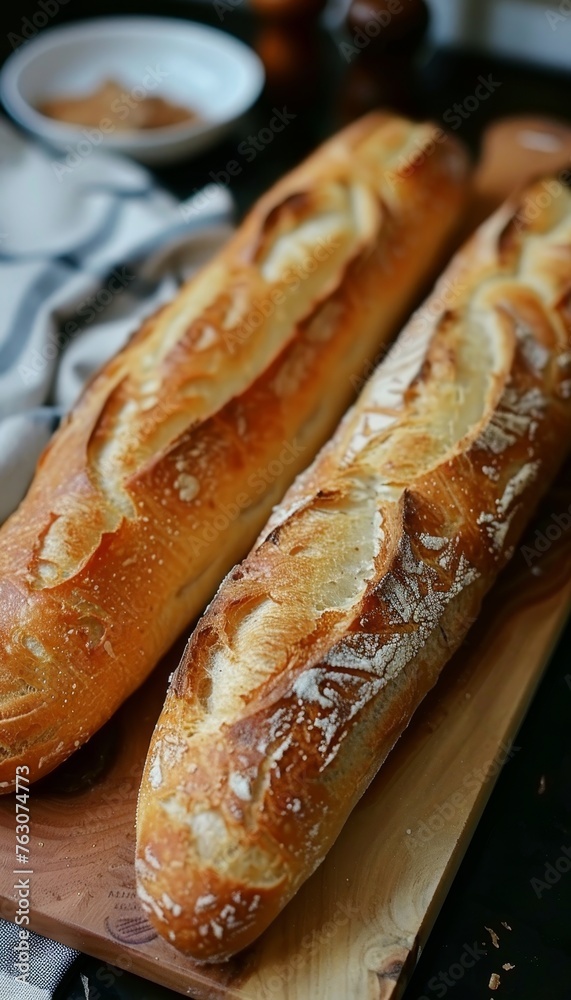 Rustic french baguette on kitchen table   freshly baked bread image for culinary concepts