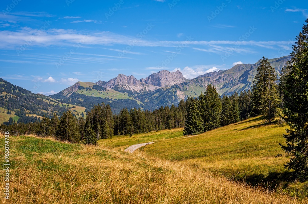 Landscape of mountains, sky and forest in Summer. Sorenberg, Lucerne Canton, Switzerland.