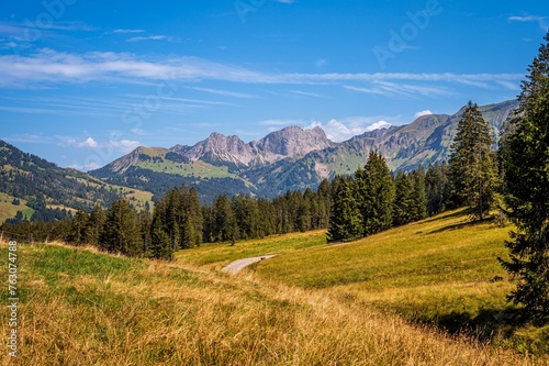 Landscape of mountains, sky and forest in Summer. Sorenberg, Lucerne Canton, Switzerland.