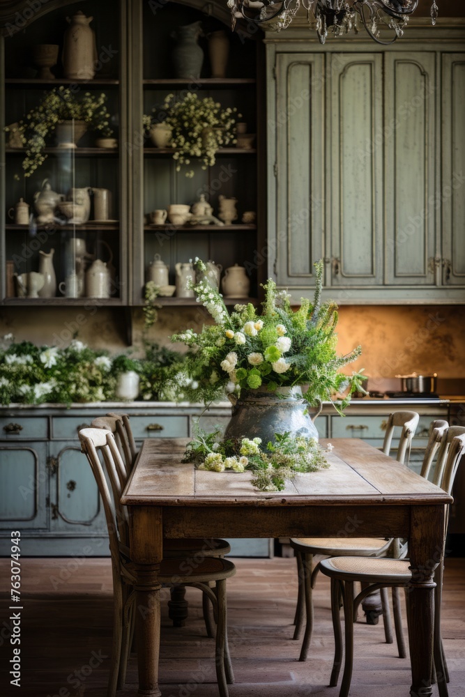A dining room table is adorned with a simple yet elegant vase of colorful flowers, adding a touch of nature to the rooms decor