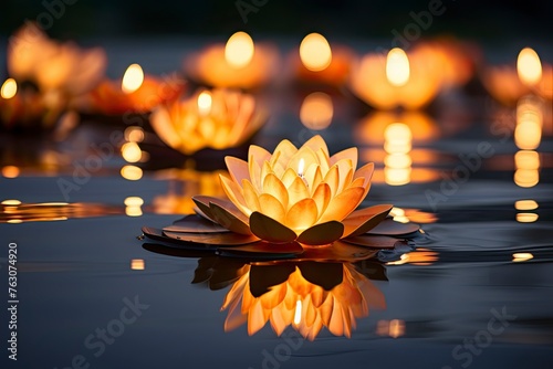 Lotus vesak lanterns floating on water with light reflection and copy space - generative ai photo