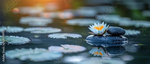 Natural Alternative Therapy Using Massage Stones In Water And Waterlilies