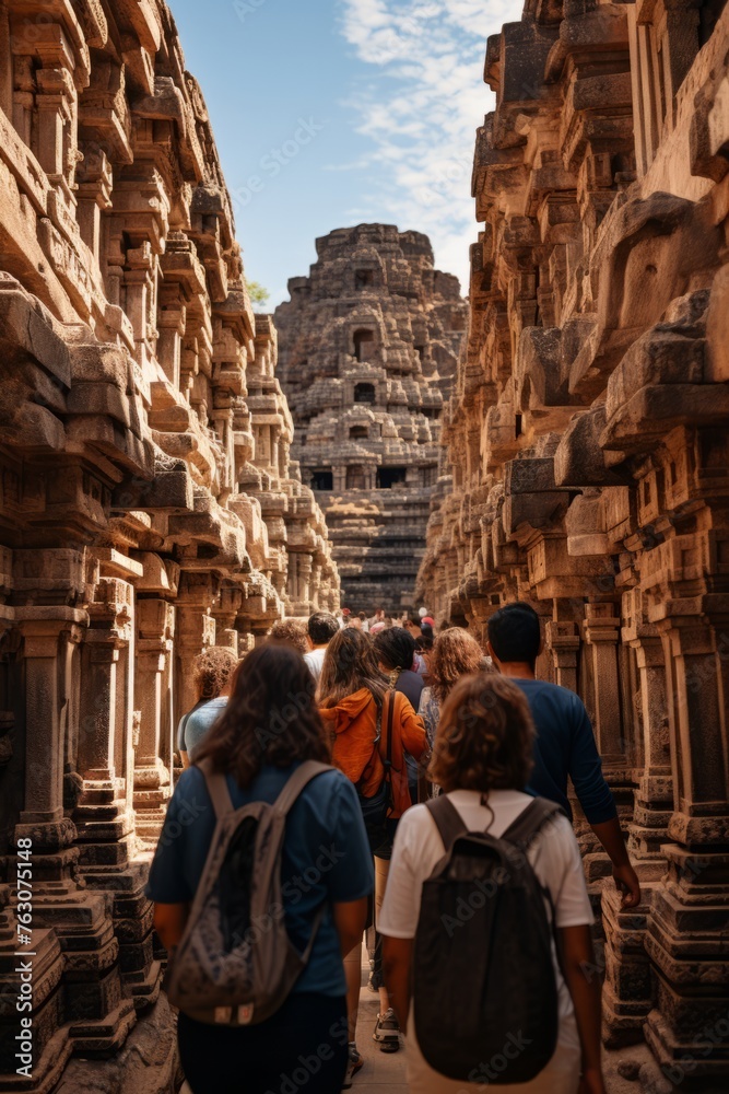 A group of travelers exploring an ancient temple complex, marveling at the intricate architecture and rich history