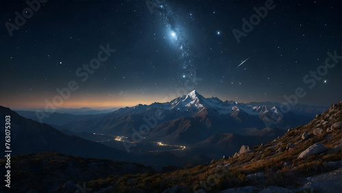 Photoreal 3D Product Presentation theme as Midnight Majesty Concept As A panoramic view of a mountain range under a sky glittering with constellations and a meteor shower, Full depth of field, clean l