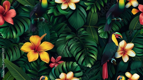 Seamless pattern tropical rainforests  with colourful birds and flowers