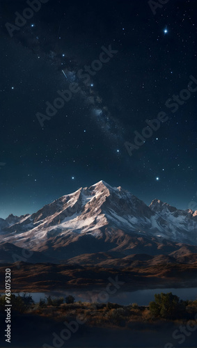 Photoreal 3D Product Presentation theme as Midnight Majesty Concept As A panoramic view of a mountain range under a sky glittering with constellations and a meteor shower, Full depth of field, clean l © Gohgah