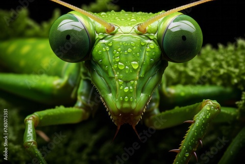 A macro photograph of a praying mantis camouflaged among green leaves, displaying its sharp claws and triangular head
