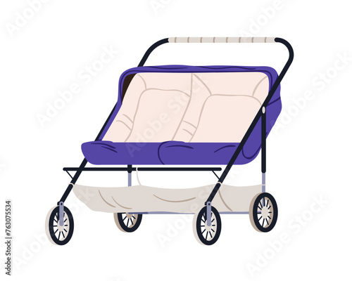 Double pram. Tandem pushchair, twin baby carriage. Empty kids buggy, stroller for newborn children. Summer carrier with two seats, model. Flat vector illustration isolated on white background