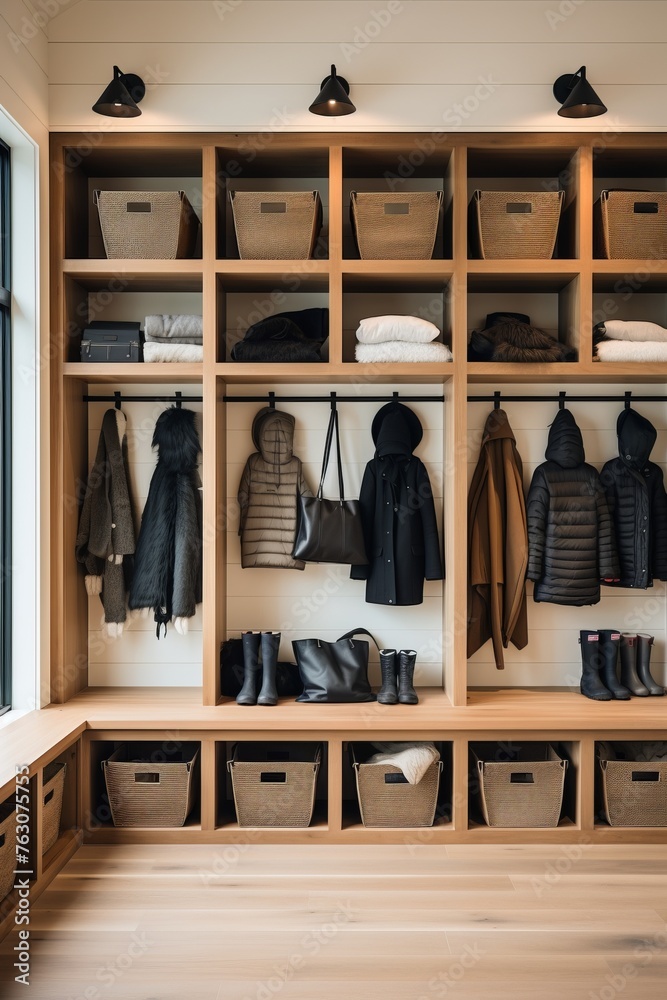 A modern farmhouse mudroom with built-in storage cubbies, bench seating, and hooks for coats and bags A modern farmhouse mudroom with built-in storage cubbies, bench seating, and hooks for coats and bags
