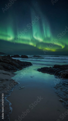 Photoreal as Ethereal Shores Concept As A secluded beach where the northern lights dance above mirrored by the calm sea, Full depth of field, clean light, high quality ,include copy space, No noise, c © Gohgah