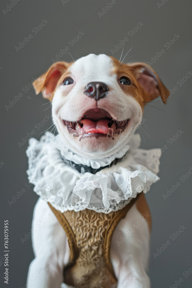 Joyful Puppy dressed in vintage retro fashion Costume. Smiling dog dressed in vintage-style clothes on flat background with copy space.