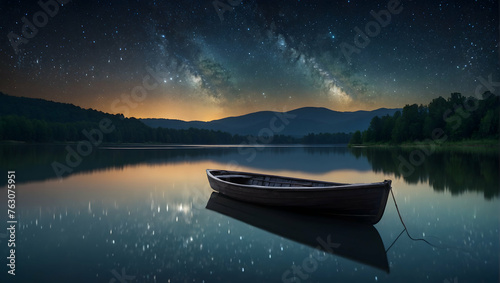 Photoreal as Nights Embrace Concept As A serene lake reflecting the tranquil beauty of a starry sky with a single boat floating idly, Full depth of field, clean light, high quality ,include copy space