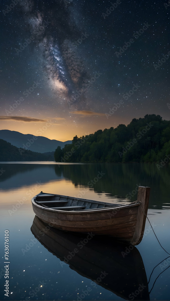 Photoreal as Nights Embrace Concept As A serene lake reflecting the tranquil beauty of a starry sky with a single boat floating idly, Full depth of field, clean light, high quality ,include copy space