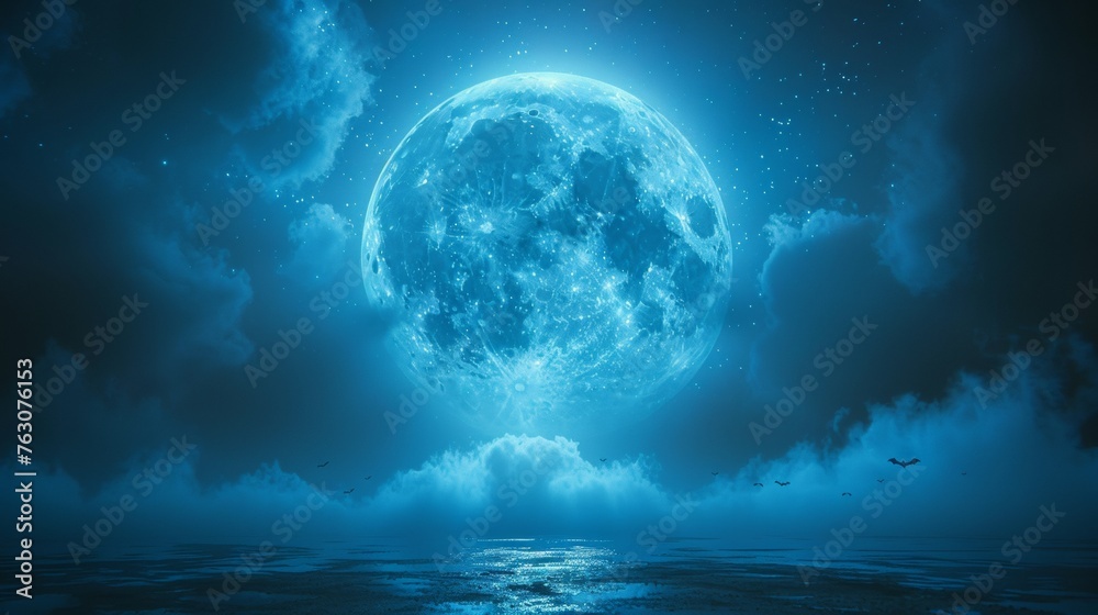 It contains a 3D illustration depicting a spookily moon in a cloudy sky with bats on Halloween Night.