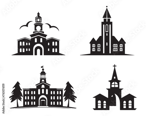 Set of black silhouettes of churches and houses on a white background