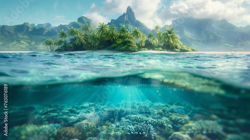 An island and reef in the tropical region - split view with waterline photo