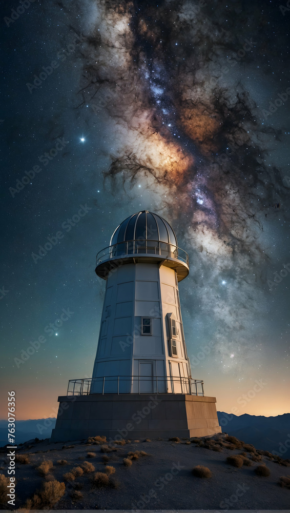 Photoreal as Stargazers Summit Concept As A lone observatory atop a peak surrounded by a sky bursting with nebulae and star clusters, Full depth of field, clean light, high quality ,include copy space
